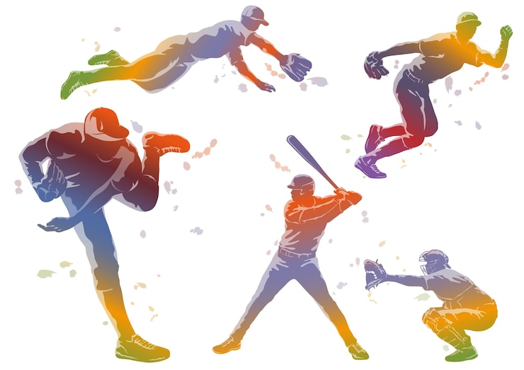 Vetor grátis jogadores de beisebol colorido silhueta vector ilustração set isolado em um fundo branco