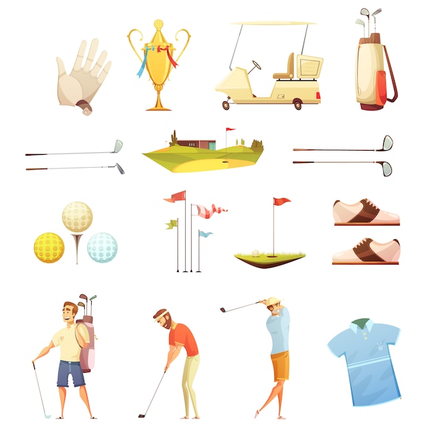 Vetor grátis jogadores de golfe e coleção de ícones retrô dos desenhos animados acessórios com luvas de colocar bandeiras