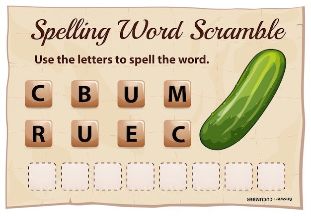 Vetor grátis jogo de corrida de palavras com ortografia com pepino da palavra