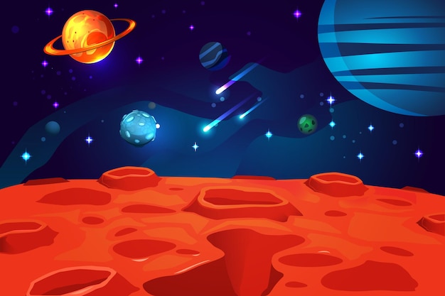 Vetor grátis jogo de desenho animado colorido espacial com estrelas cintilantes e asteróides da superfície do planeta vermelho