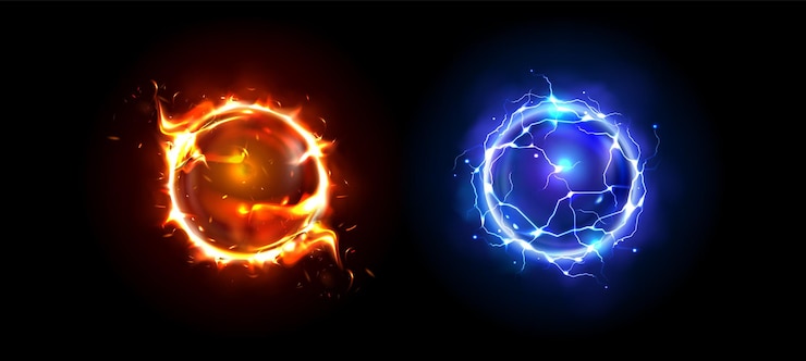 Vetor grátis jogo de esfera de luz mágica esfera de energia com fogo e relâmpagos conjunto de ilustrações vetoriais realistas de bolas de energia elétrica vermelhas e azuis brilhantes com efeito de néon globo de fantasia com plasma luminoso