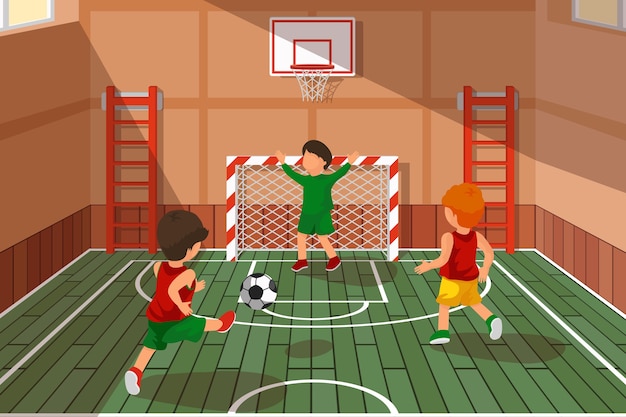 Jogo de futebol da escola. crianças jogando futebol. escadas atléticas,  jogo de salão da escola, ilustração vetorial de área de basquete e futebol