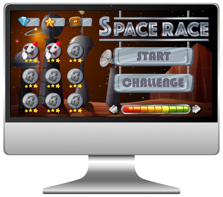Vetor grátis jogo de missão de corrida espacial na tela do computador