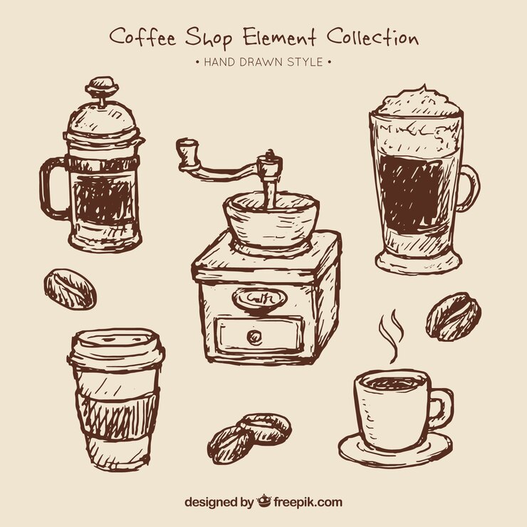 Vetor grátis jogo dos esboços de café e moedor de café