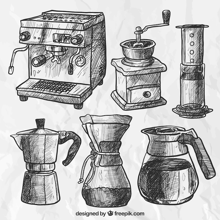 Vetor grátis jogo dos esboços de máquinas de café