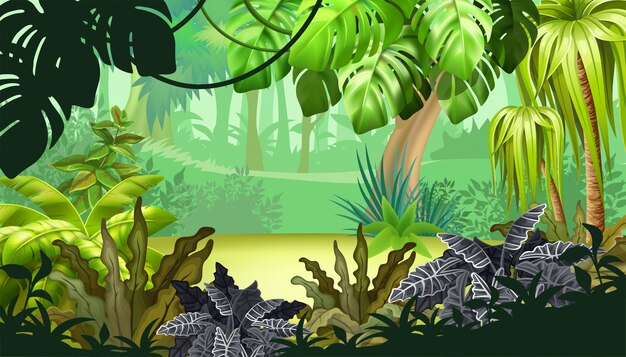 Jogo paisagem com plantas tropicais.