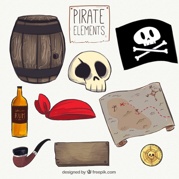 Jogo, pirata, mão, desenhado, elementos