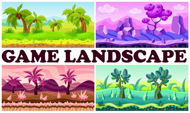 Jogo plano natureza design fundo conjunto com paisagens de selva fantasia tropical palmeiras arbustos pedras rio plantas montanhas nuvens