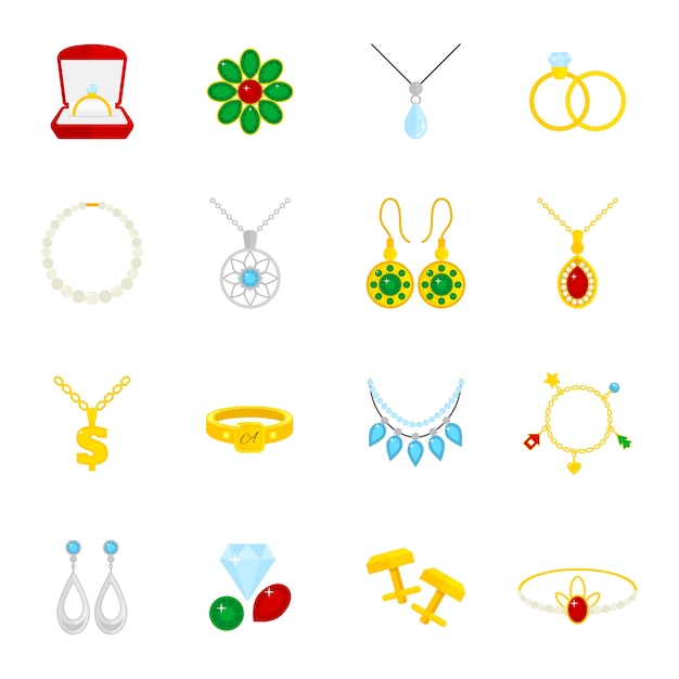 Jóias, ícones lisos, conjunto de diamantes, ouro, moda, caro, acessórios, isolado, ilustração vetorial