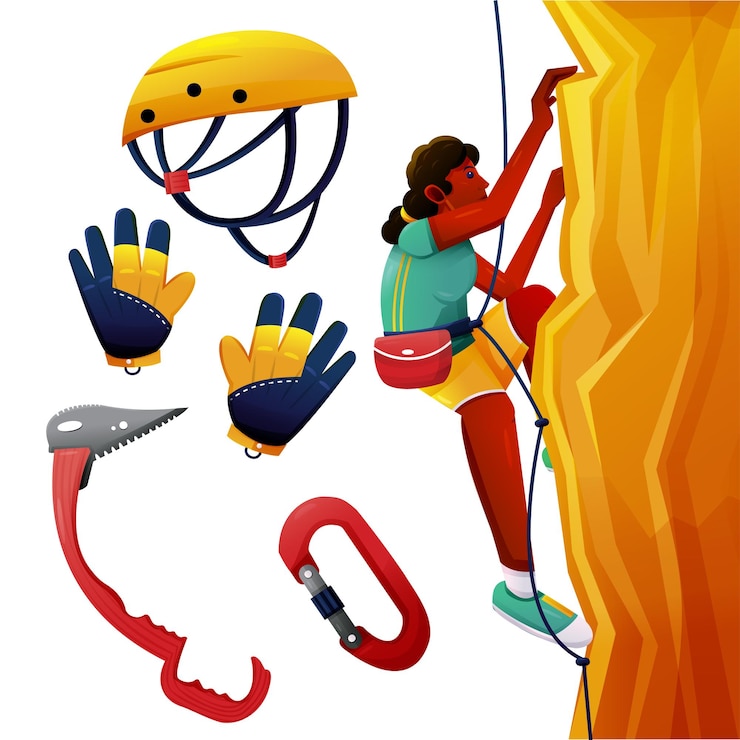 Vetor grátis jovem alpinista com equipamento de escalada profissional em desenho animado