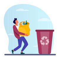 Vetor grátis jovem carregando uma sacola com lixo para a lixeira
