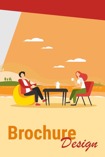 Jovem casal bebendo café na margem do lago. Casal homem e mulher namorando ilustração vetorial plana ao ar livre. Encontro romântico, romance, conceito de férias