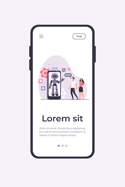 Jovem casal conversando com o assistente robótico na tela do smartphone. Chatbot ajudando clientes com seus problemas. Modelo de aplicativo móvel de ilustração vetorial