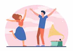 Vetor grátis jovem casal curtindo festa retrô. garota feliz e cara dançando na ilustração em vetor plana gramofone. entretenimento, romance, conceito divertido