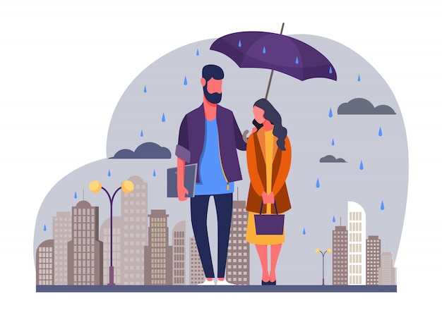 Jovem casal em ilustração vetorial de chuva