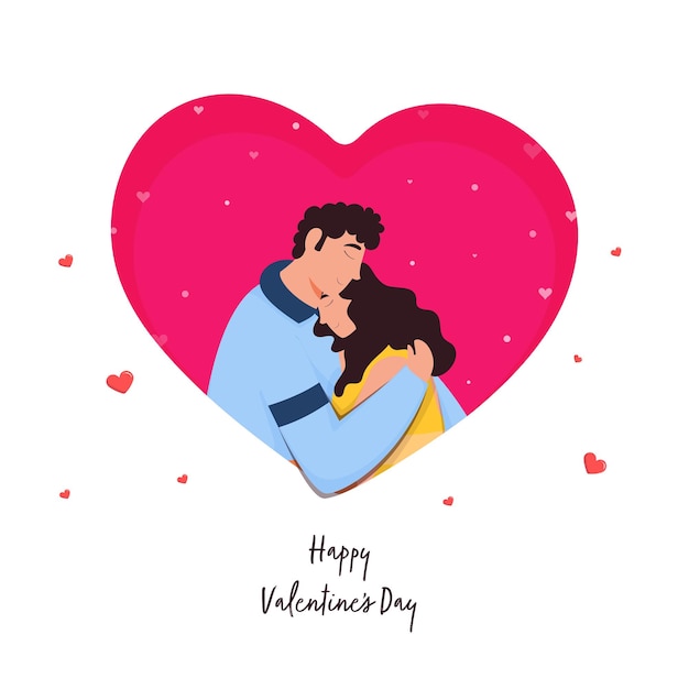 Jovem casal se abraçando no coração rosa e fundo branco para o conceito de feliz dia dos namorados. Vetor Premium