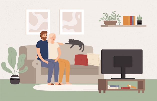 Jovem casal vê tv juntos. homem feliz e mulher sentada no sofá e assistindo programa de televisão. ilustração vetorial de noite de cinema