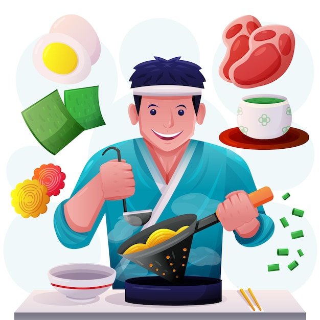 Vetor grátis jovem chef com produtos alimentares japoneses e equipamentos para cozinhar