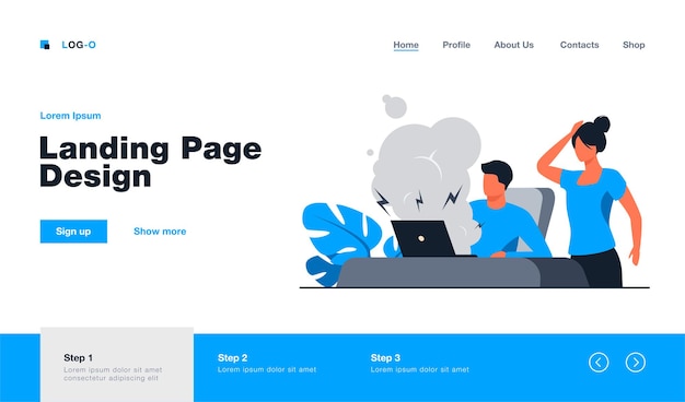 Vetor grátis jovem com computador quebrado e mulher chocada com modelo de página de destino