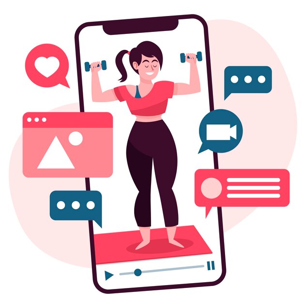 Jovem desenhada fazendo aulas de esportes online ilustradas