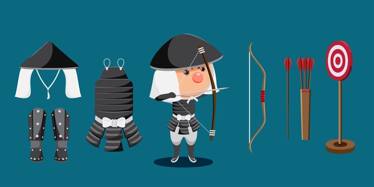 Vetor grátis jovem em várias fantasias de lutador com arma em estilo de desenho animado para ilustração vetorial de designer gráfico