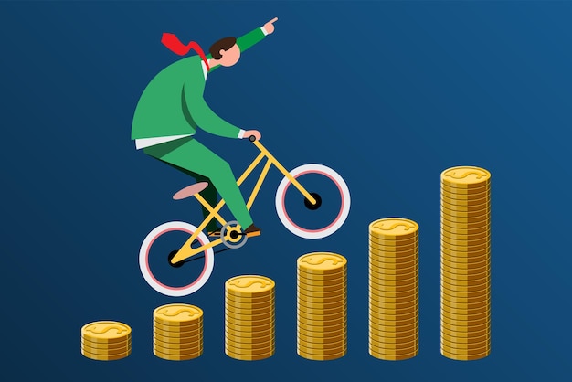 Vetor grátis jovem empresário andando de bicicleta para o sucesso em um gráfico de moedas de ouro. design de ilustração vetorial plana