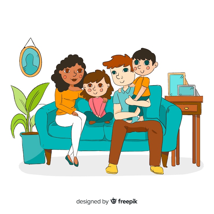 Vetor grátis jovem, família, casa, conceito