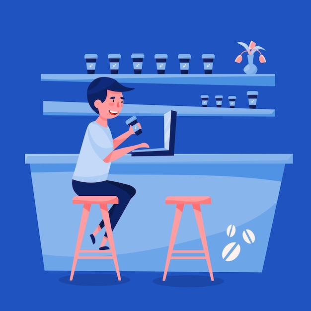 Vetor grátis jovem freelancer trabalhando com seu laptop na composição dos desenhos animados do café azul ilustração vetorial de fundo interior