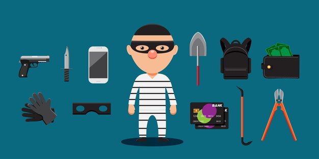 Jovem ladrão e conjunto de ferramentas para luvas de faca de arma de crime máscara de cartão de crédito de smartphone mochila gancho de dinheiro de bolso e pá em estilo cartoon para ilustração vetorial de designer gráfico