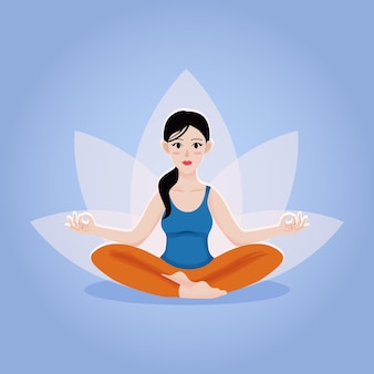 Jovem mulher asiática bonita com cabelo encaracolado pratica pose de ioga sentada no chão em pose de lótus sakhusana. vetor