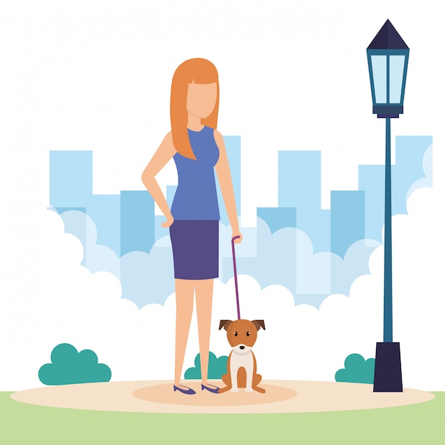 Vetor grátis jovem mulher com cachorro no parque