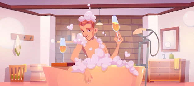 Jovem sentado na banheira com espuma, bebendo champanhe, namoro na banheira, relaxamento, cuidados com o corpo, conceito de lua de mel. Spa do personagem masculino e procedimentos de águas balneares, ilustração vetorial dos desenhos animados