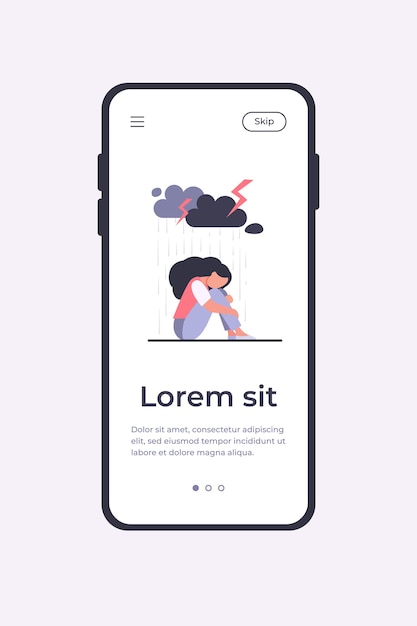 Jovem solitária sentada sob a nuvem de tempestade isolada ilustração vetorial plana modelo de aplicativo móvel