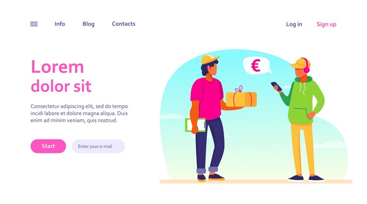 Vetor grátis jovem usando o aplicativo de smartphone para pagar o pedido de entrega. correio que dá o pacote ao cliente. pagamento móvel, conceito de serviço para design de site ou página de destino