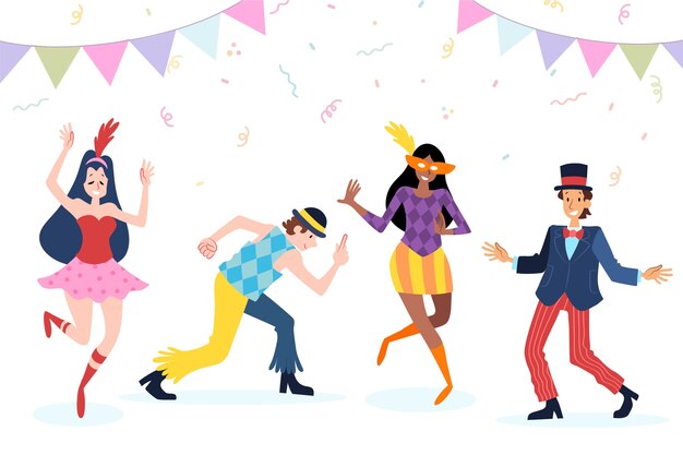 Jovens bailarinos de carnaval em trajes engraçados