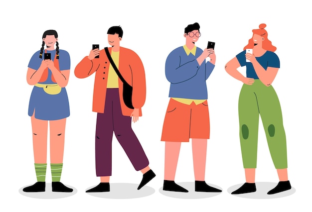 Jovens desenhados à mão plana usando smartphones