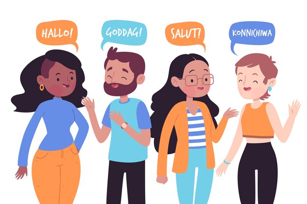 Jovens falando em diferentes idiomas