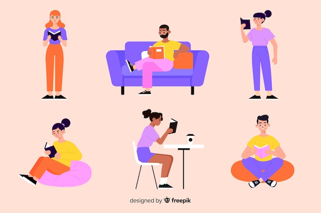 Jovens lendo ilustração colorida