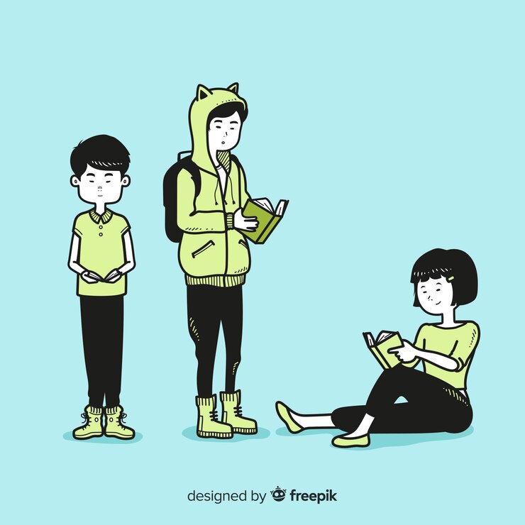 Vetor grátis jovens lendo no estilo de desenho coreano