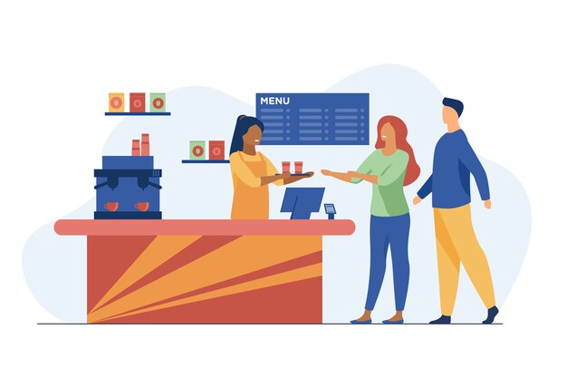 Jovens pedindo café para viagem no café. Barista, bate-papo, ilustração vetorial plana de rede. Bebidas quentes e serviço