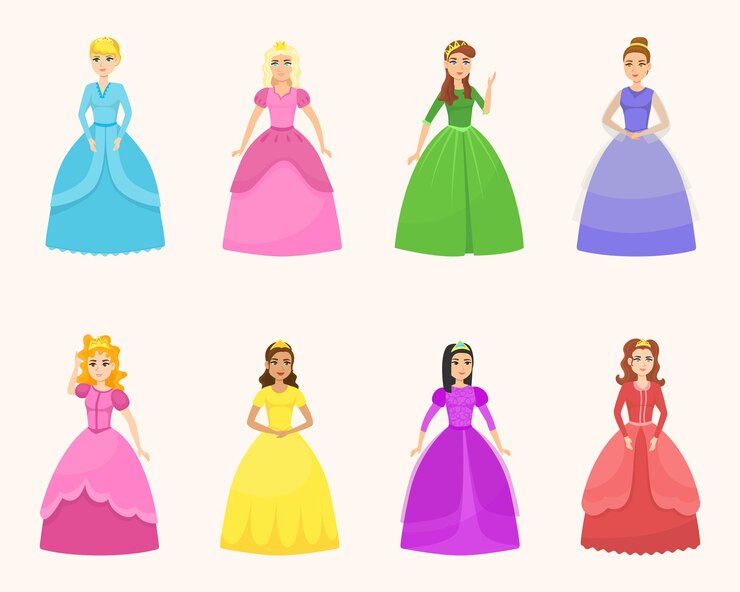 Vetor grátis jovens princesas lindas em poses diferentes dos desenhos animados conjunto de ilustração vetorial. mulheres elegantes de conto de fadas em trajes coloridos e vestidos para criança em fundo claro. jogo infantil, conceito de moda