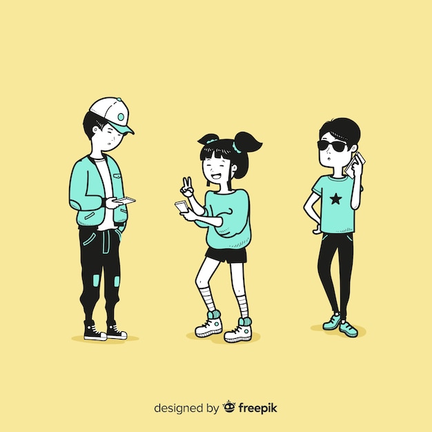 Vetor grátis jovens segurando smartphones no estilo de desenho coreano