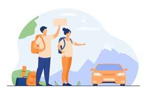 Jovens turistas com mochilas em pé perto da estrada e pedindo carona ilustração vetorial plana isolada. casal feliz dos desenhos animados manuseando o carro.