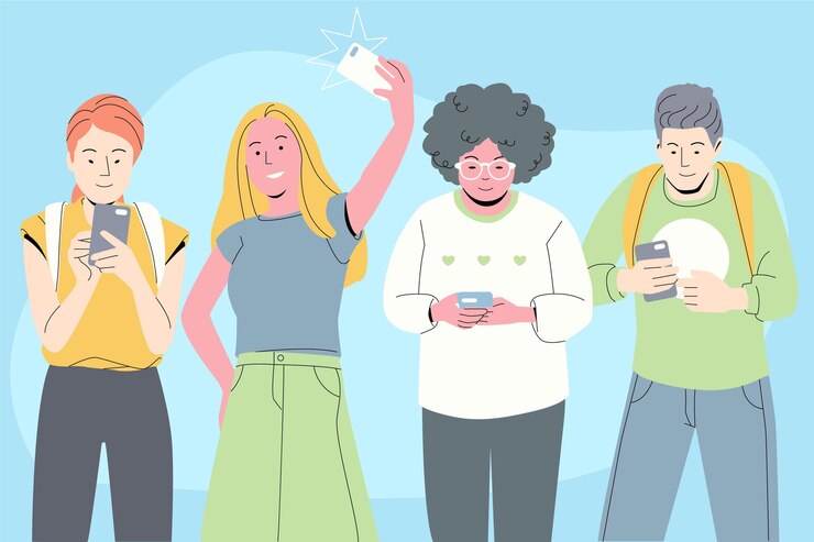 Vetor grátis jovens usando smartphones