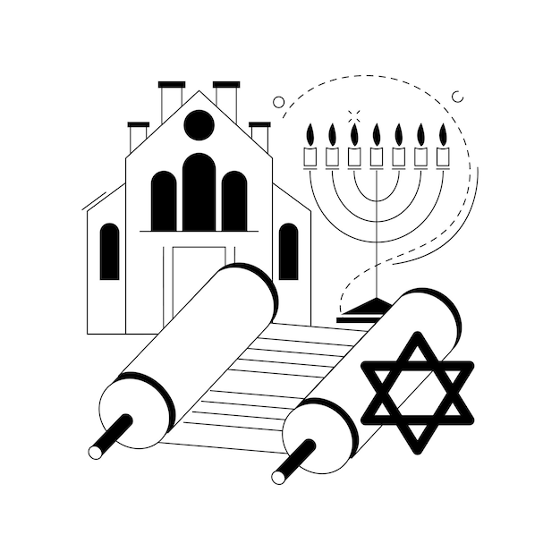 Vetor grátis judaísmo conceito abstrato ilustração vetorial judaísmo religião monoteísta ortodoxa judaica estrela de davi rolagem de torá na sinagoga fé mais antiga kipá hanukkah menorá metáfora abstrata