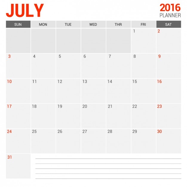 Julho calendário mensal 2016