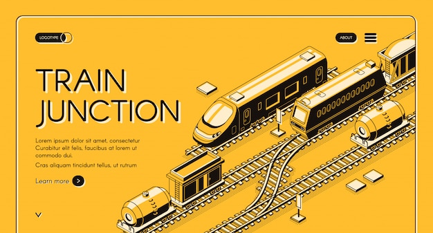 Junção de trem, banner de web isométrica de nó de transporte com passageiros e trens de carga