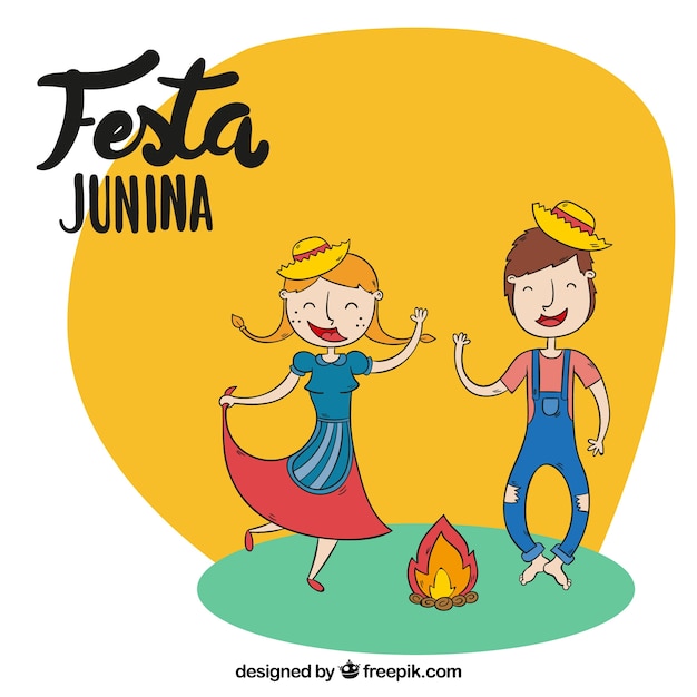 Junina partido fundo com mão desenhada casal dançando