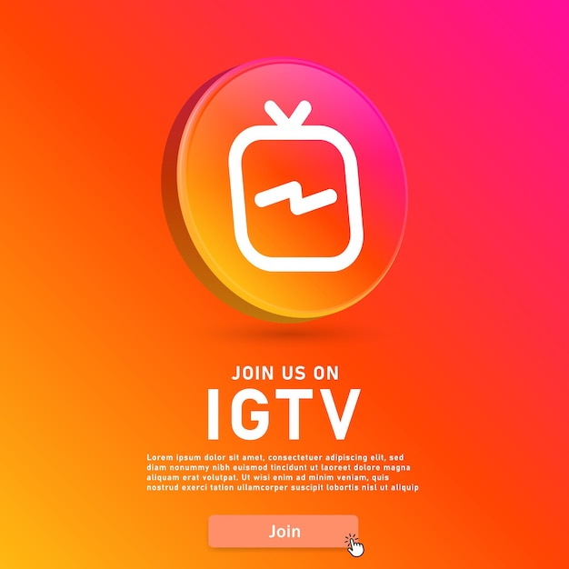 Junte-se a nós no instagram igtv em 3d com botão da web e ícone do cursor do mouse para logotipos de ícones de mídia social Vetor Premium