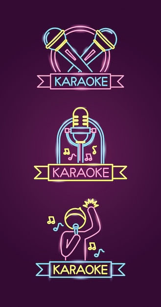 Karaoke diferentes no estilo neon com cantor e microfone sobre roxo